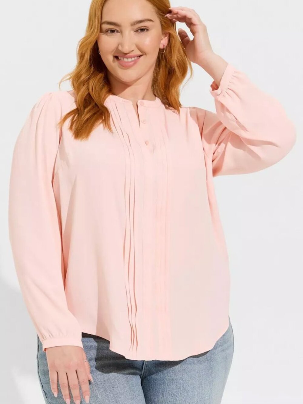 TORRID 1 Plus Size Georgette Pintuck Long Sleeve Blouse Light Baby Pink Coquette